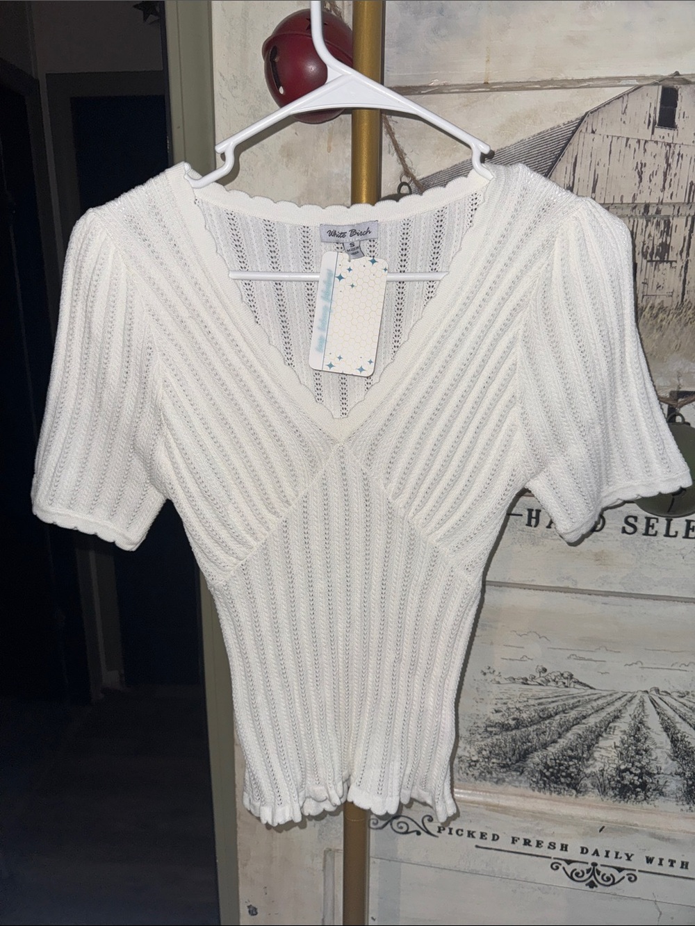 white birch White Ribbed V-Neck Scallop-Trim Knit Top